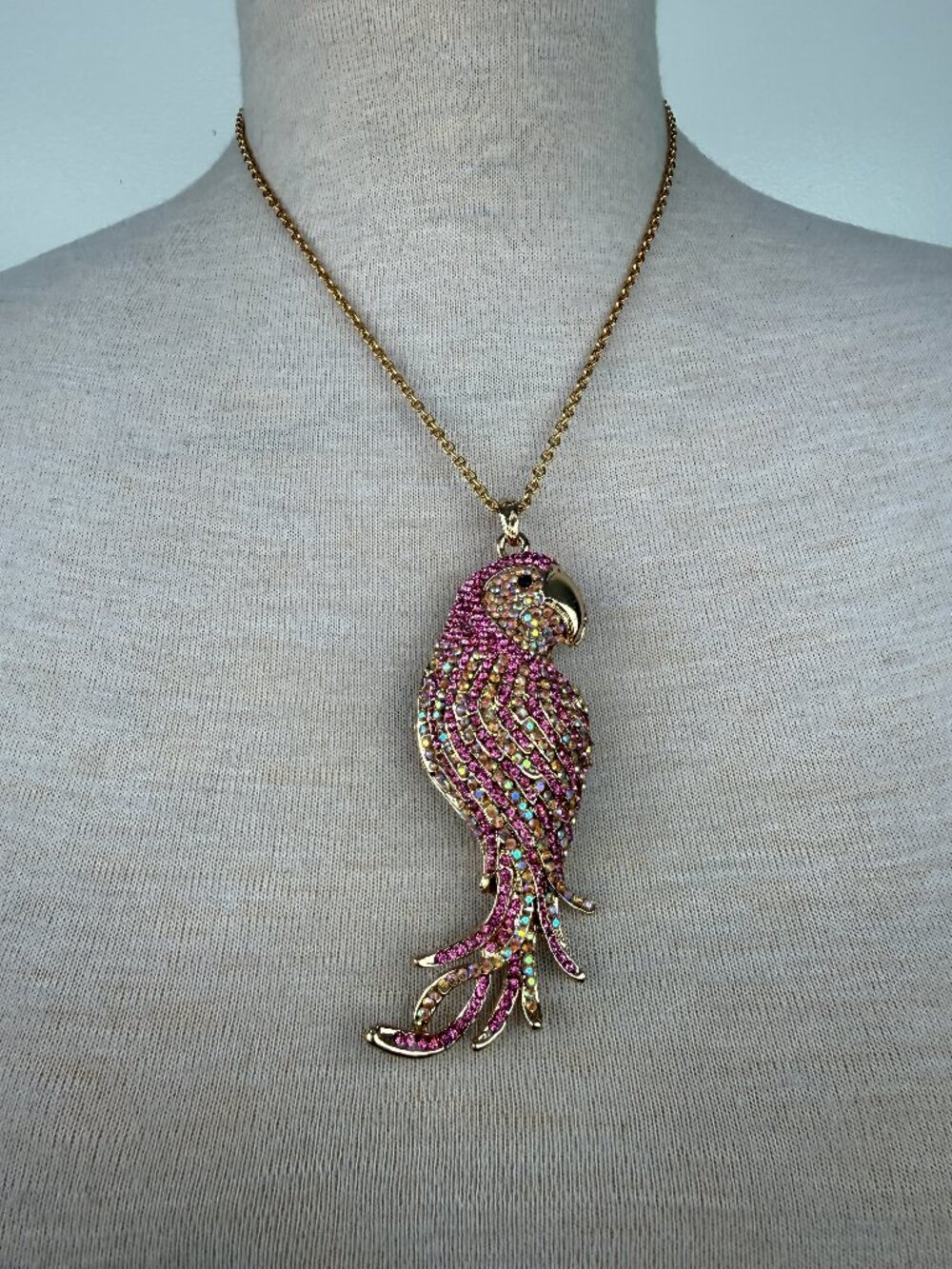 Gold Tone w/ Pink & AB Rhinestones Large Parrot Pendant Necklace 19"
